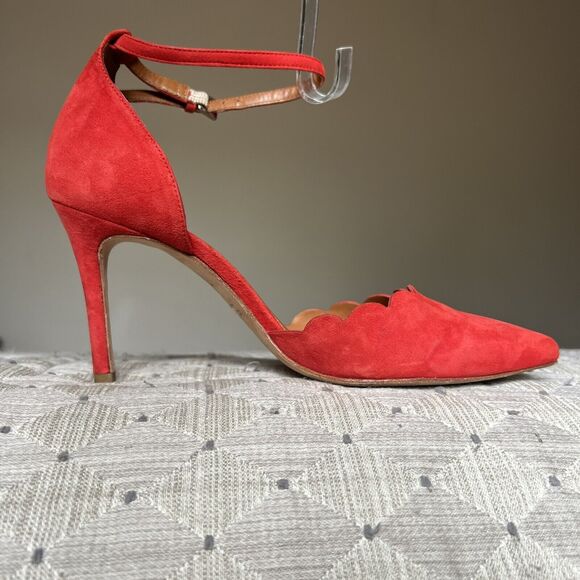 Minelli Spain Red Suede Scalloped Edge Pump Heel Ankle Strap Women EU 38 US 7.5 - Picture 3 of 16